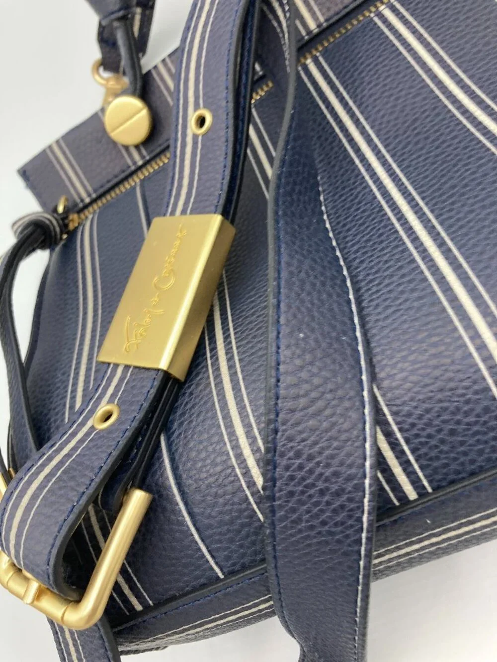 Foley + Corinna Navy and White Stripe Leather Shoulder Bag